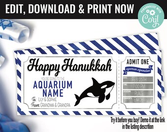 Aquarium Ticket Surprise Gift Voucher, Aquarium Surprise Trip Printable Template Gift Card, Editable Instant Download Gift, Hanukkah Gift