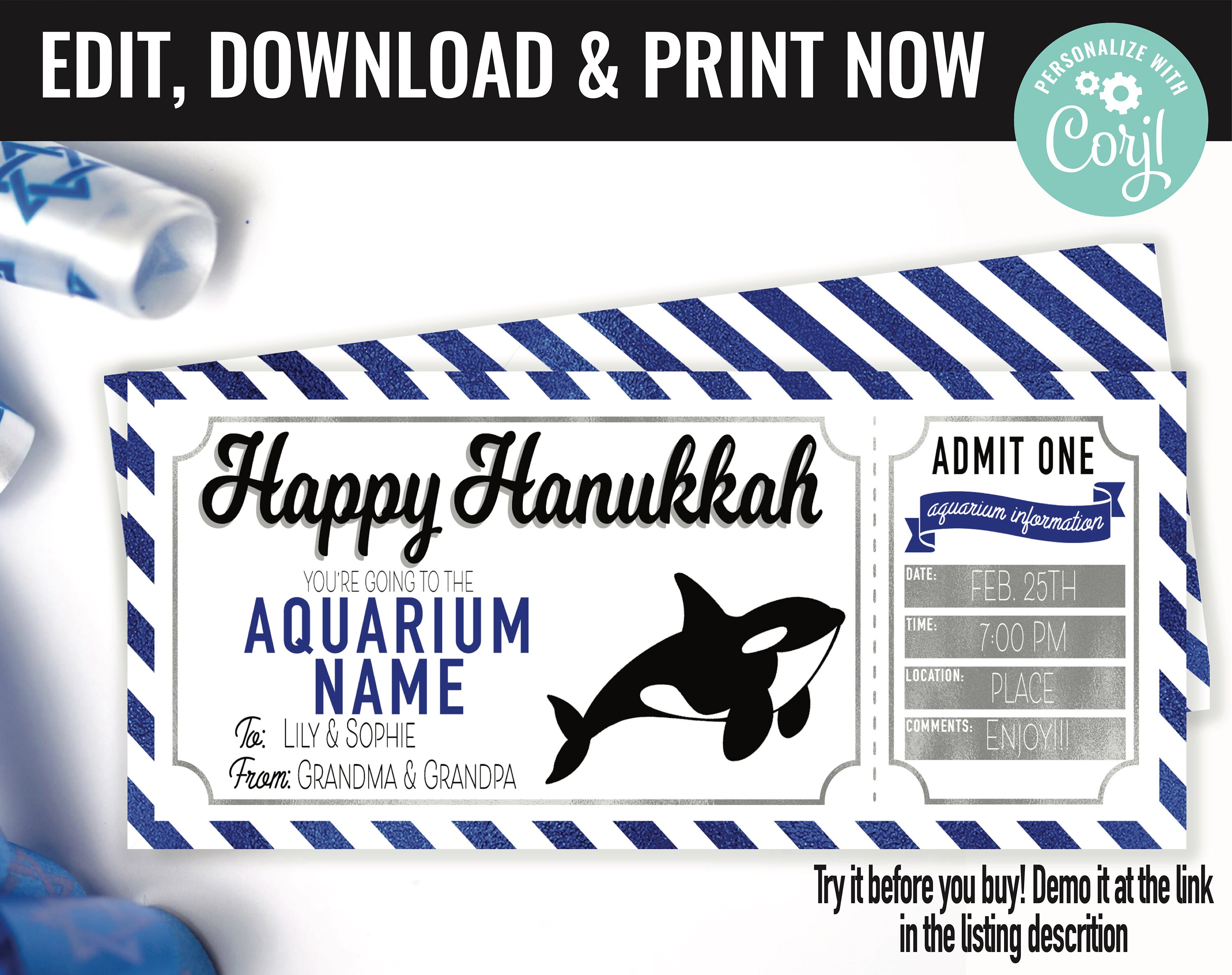 Aquarium Ticket Surprise Gift Voucher, Aquarium Surprise Trip Printable Template Gift Card, Editable Instant Download Gift, Hanukkah Gift