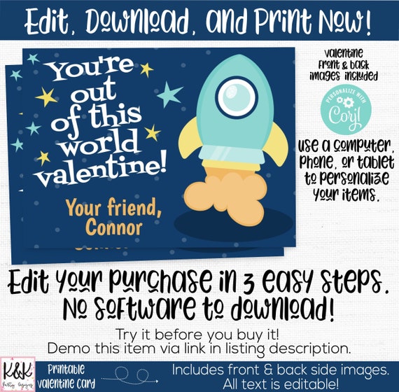 Space Printable Valentine Card, Kids Valentines Day Card Exchange, School Valentine, Rocket ship Valentine Card, You're out of this world Il_570xn