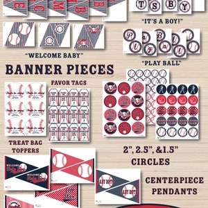 May include: Baseball themed baby shower printable decorations. Includes banner pieces, favor tags, treat bag toppers, circles in various sizes, and centerpiece pendants.  The text "It's a Boy!" and "Play Ball!" are included in the design.