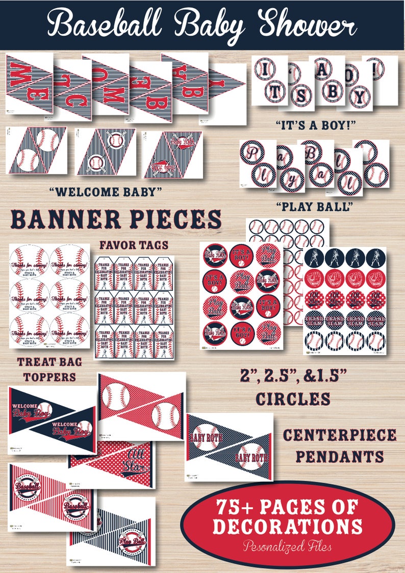 May include: Baseball themed baby shower printable decorations. Includes banner pieces, favor tags, treat bag toppers, circles in various sizes, and centerpiece pendants.  The text "It's a Boy!" and "Play Ball!" are included in the design.