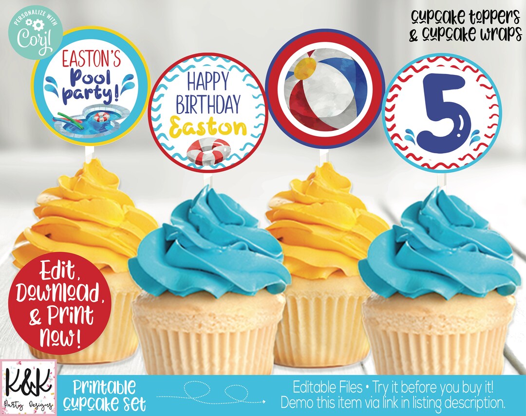 Pool Party Cupcake Toppers Pool Party Decorations Swimming Etsy