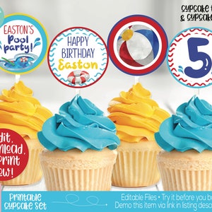 Pool Party Cupcake Toppers, Pool Party Decorations, Swimming Party Decorations, Beach Ball,