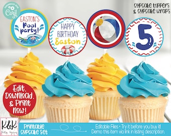 Pool Party Cupcake Toppers, Pool Party Decorations, Swimming Party Decorations, Beach Ball,