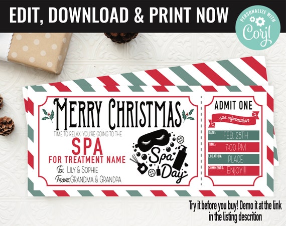 Christmas Surprise Spa Treatment Trip Gift Voucher, Spa Trip Gift Printable Template Gift Card, Editable Instant Download Gift Certificate Il_570xn