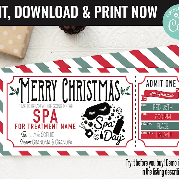 Christmas Surprise Spa Treatment Trip Gift Voucher, Spa Trip Gift Printable Template Gift Card, Editable Instant Download Gift Certificate