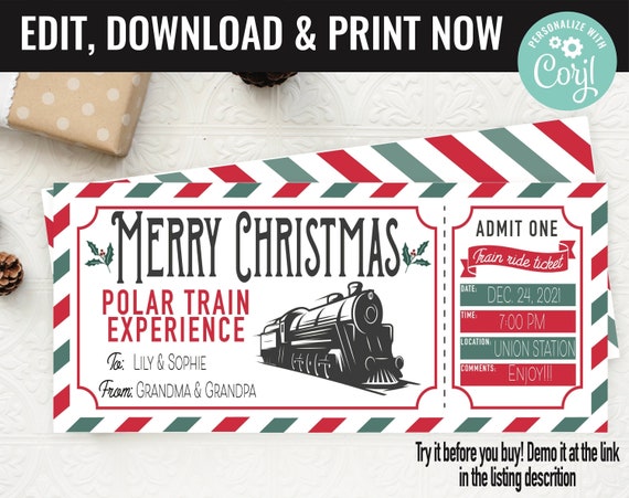 Christmas Train Ticket Surprise Gift Voucher, Boarding Pass Train Trip Printable Template, Editable Instant Download, Gift Certificate Il_570xn