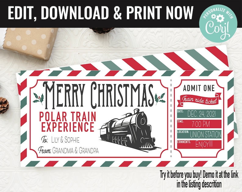 Op de afbeelding: Een printbaar kersttreinkaartje met een rood-wit-groene gestreepte achtergrond. Het kaartje zegt "Merry Christmas Polar Train Experience" en heeft een zwart-witte illustratie van een trein. Het kaartje is gepersonaliseerd met de namen "Lily & Sophie" en "Oma & Opa".