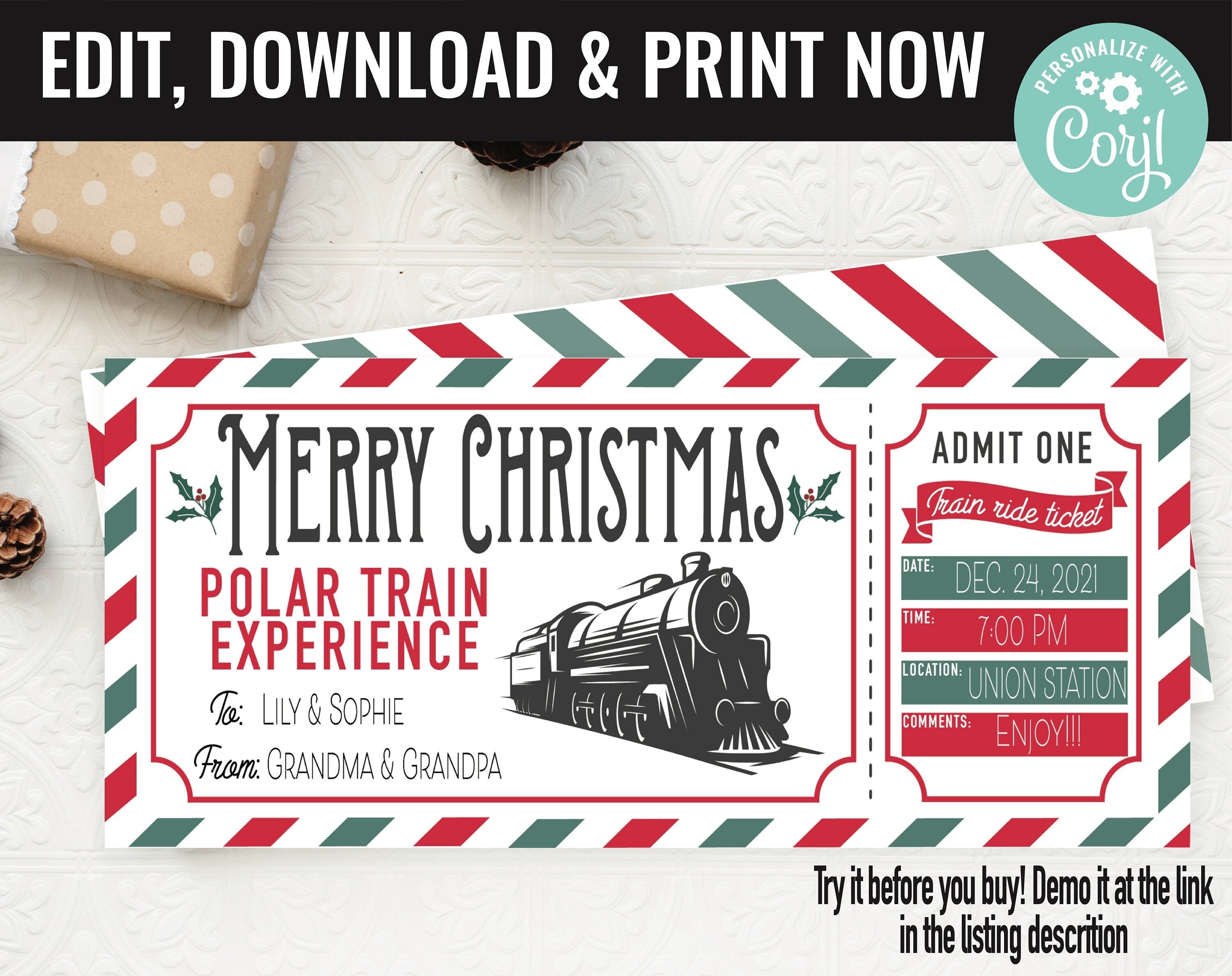 christmas train ticket surprise gift voucher, boarding pass train