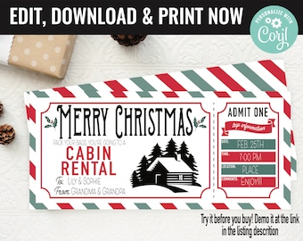 Christmas Surprise Cabin Rental Trip Gift Voucher, Cabin Rent Trip Printable Template Gift Card, Editable Instant Download Gift Certificate