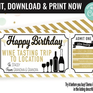 Birthday Winery Trip Ticket Surprise Gift Voucher, Wine Tasting Printable Template Gift Card, Editable Instant Download, Gift Certificate