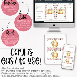 May include: Digital product display featuring a computer, tablet, and phone showcasing a pumpkin design. Text includes "Edit, Download, and Print Now!" and "Corjl is easy to use!" Instructions are provided for purchase, editing, and printing.