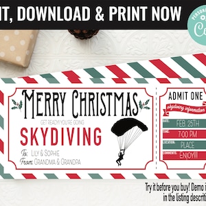 Christmas Surprise Skydiving Experience Gift Voucher, Skydiving Trip Printable Template Gift Card, Editable Instant Download Gift Certificat