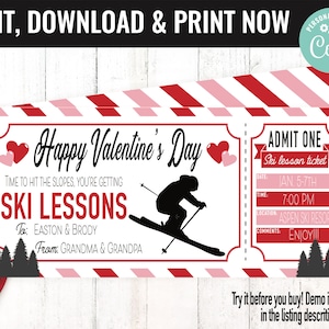 Valentine Ski Lessons Ticket Surprise Gift Voucher, Ski Lift Lesson Printable Template Gift Card, Editable Instant Download Gift Certificate