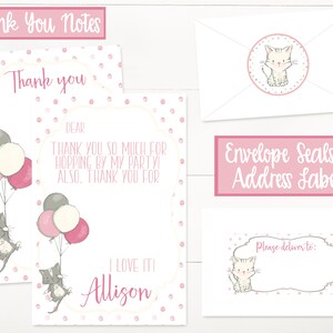May include: Pink and gray thank you cards with a cat holding balloons. The cards have a polka dot background and say "Thank you" and "I love it! Allison". There are also envelope seals and address labels with a cat on them.