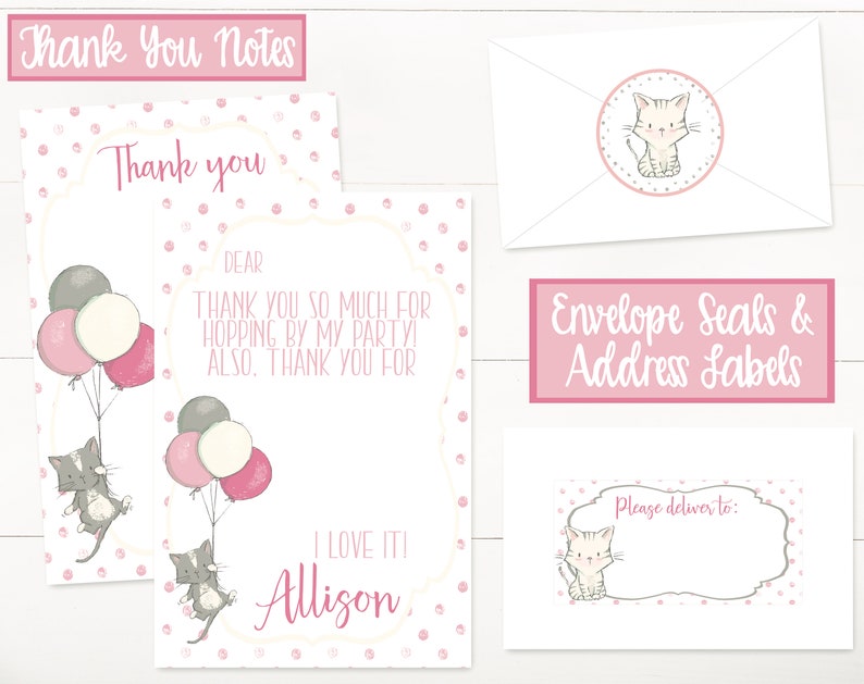 May include: Pink and gray thank you cards with a cat holding balloons. The cards have a polka dot background and say "Thank you" and "I love it! Allison". There are also envelope seals and address labels with a cat on them.