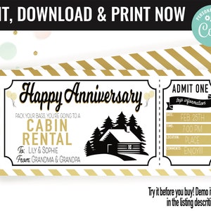 Anniversary Surprise Cabin Rental Trip Gift Voucher, Cabin Rent Trip Printable Template Gift Card, Editable Instant Download Certificate