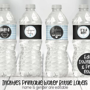 May include: Four blue and white gingham water bottle labels with black text. The labels say "Baby-Q", "Welcome Baby", "Stephanie & Tavan's Baby Shower", and "It's a Boy!"  The labels are designed for a baby shower.