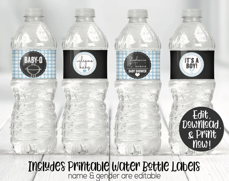 May include: Four blue and white gingham water bottle labels with black text. The labels say "Baby-Q", "Welcome Baby", "Stephanie & Tavan's Baby Shower", and "It's a Boy!"  The labels are designed for a baby shower.