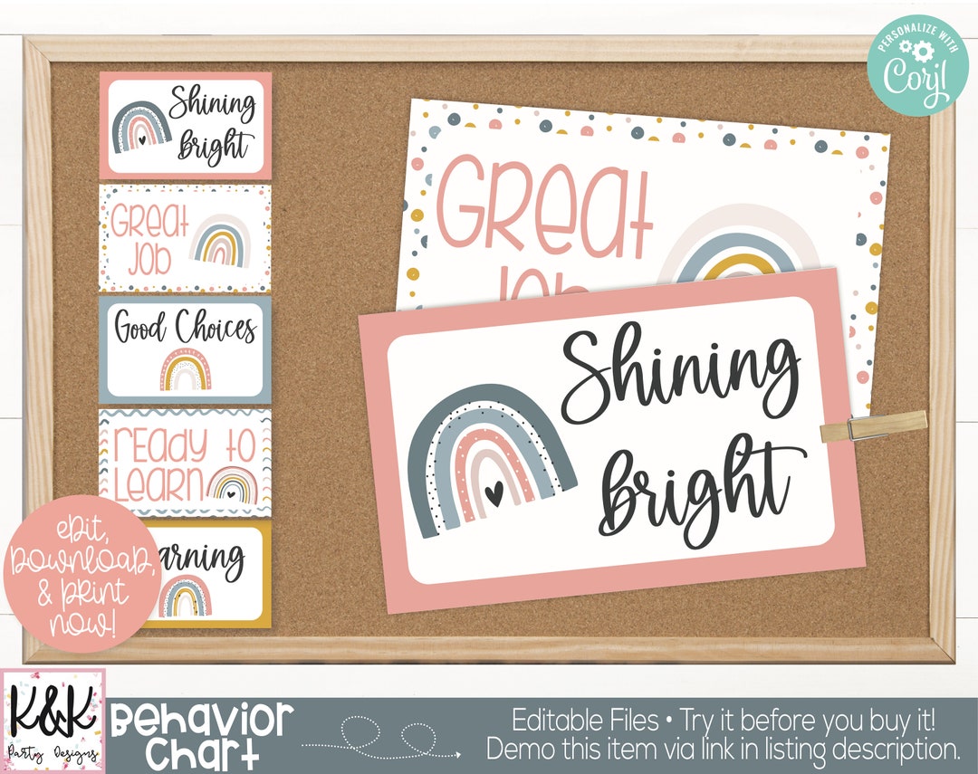Boho Rainbow Theme Classroom Editable Behavior Clip Chart Printable ...