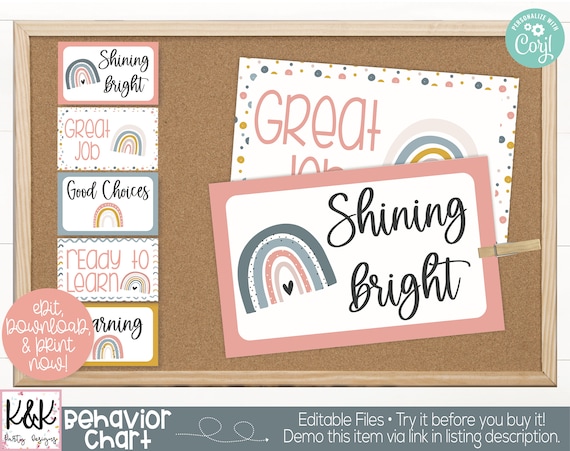 Boho Rainbow Theme Classroom Editable Behavior Clip Chart Printable, Teacher Supply, Printable Classroom Teacher Decoration and Supplies Il_570xn