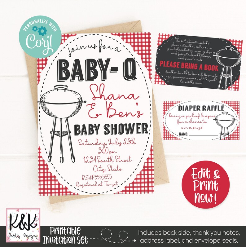 May include: Printable baby shower invitation set with a red and white gingham pattern. The invitation features a cartoon illustration of a grill and the text "Join us for a Baby-Q Shana & Ben's Baby Shower". The invitation also includes a diaper raffle card and a "Please bring a book" card.