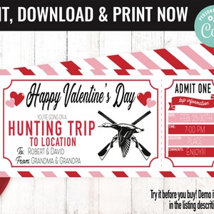 Valentines Hunting Trip Ticket Surprise Gift Voucher, Surprise Hunting Trip Printable Template, Editable Instant Download Gift Certificate