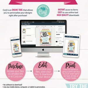 May include: A pink and white graphic with the text "How It Works" in a large font. The graphic shows a computer screen with a design editor, a mobile phone with a design editor, and a tablet with a design editor. The graphic also includes the text "Corjl is an ONLINE TOOL that allows you to personalize your designs right after purchase!" and "INSTANT access to items EASY to use online tool HIGH QUALITY downloads". The graphic also includes the text "Purchase", "Edit", and "Print" with arrows showing the flow of the process. The graphic also includes the text "TRY THE FREE DEMO".