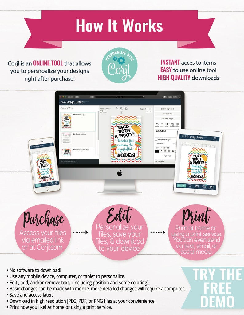 May include: A pink and white graphic with the text "How It Works" in a large font. The graphic shows a computer screen with a design editor, a mobile phone with a design editor, and a tablet with a design editor. The graphic also includes the text "Corjl is an ONLINE TOOL that allows you to personalize your designs right after purchase!" and "INSTANT access to items EASY to use online tool HIGH QUALITY downloads". The graphic also includes the text "Purchase", "Edit", and "Print" with arrows showing the flow of the process. The graphic also includes the text "TRY THE FREE DEMO".