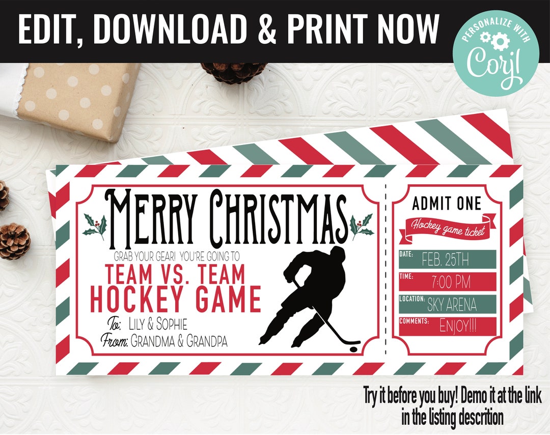 Christmas Hockey Ticket Surprise Gift Voucher, Hockey Game Surprise Printable Template Gift Card ...