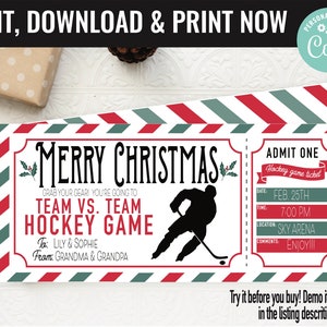 Christmas Hockey Ticket Surprise Gift Voucher, Hockey Game Surprise Printable Template Gift Card, Editable Instant Download Certificate