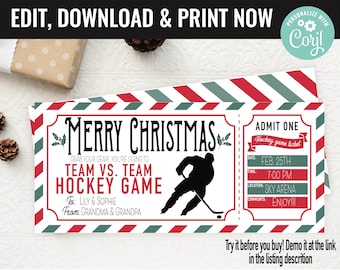 Christmas Hockey Ticket Surprise Gift Voucher, Hockey Game Surprise Printable Template Gift Card, Editable Instant Download Certificate