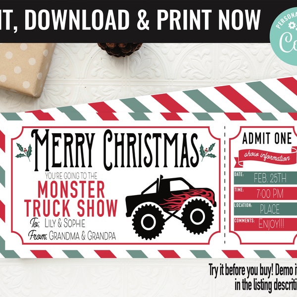 Christmas Monster Truck Show Ticket Surprise Gift Voucher, Surprise Monster Truck Printable Template, Editable Instant Download, Certificate