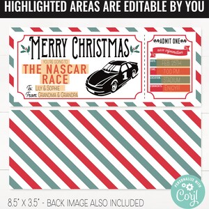 Op de afbeelding: Een printbaar kerstkaartje voor een NASCAR-race. Het kaartje is rood, wit en groen met een zwart-witte illustratie van een raceauto. De tekst op het kaartje luidt "Merry Christmas, You're going to the NASCAR Race, To: Lily & Sophie, From: Grandma & Grandpa, Admit One, Race Information, Date: Feb. 25th, Time: 7:00 PM, Location: Stadium, Comments: Enjoy!!!".