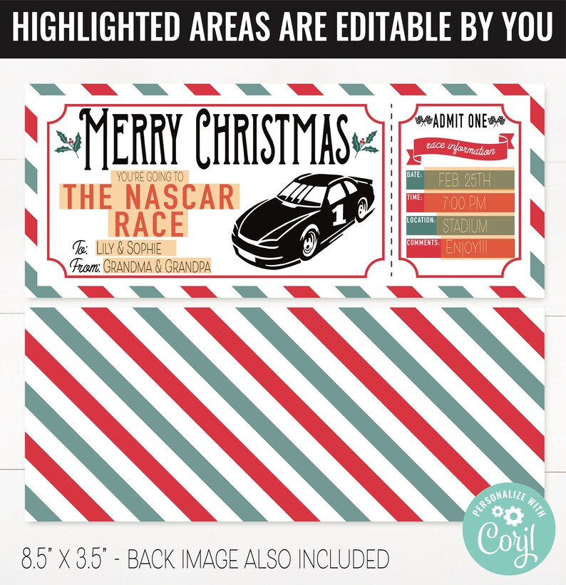 Op de afbeelding: Een printbaar kerstkaartje voor een NASCAR-race. Het kaartje is rood, wit en groen met een zwart-witte illustratie van een raceauto. De tekst op het kaartje luidt "Merry Christmas, You're going to the NASCAR Race, To: Lily & Sophie, From: Grandma & Grandpa, Admit One, Race Information, Date: Feb. 25th, Time: 7:00 PM, Location: Stadium, Comments: Enjoy!!!".