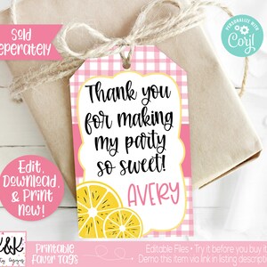 May include: Pink and yellow printable favor tags with a gingham pattern. The tags feature a lemon design and the text "Thank you for making my party so sweet! Avery".