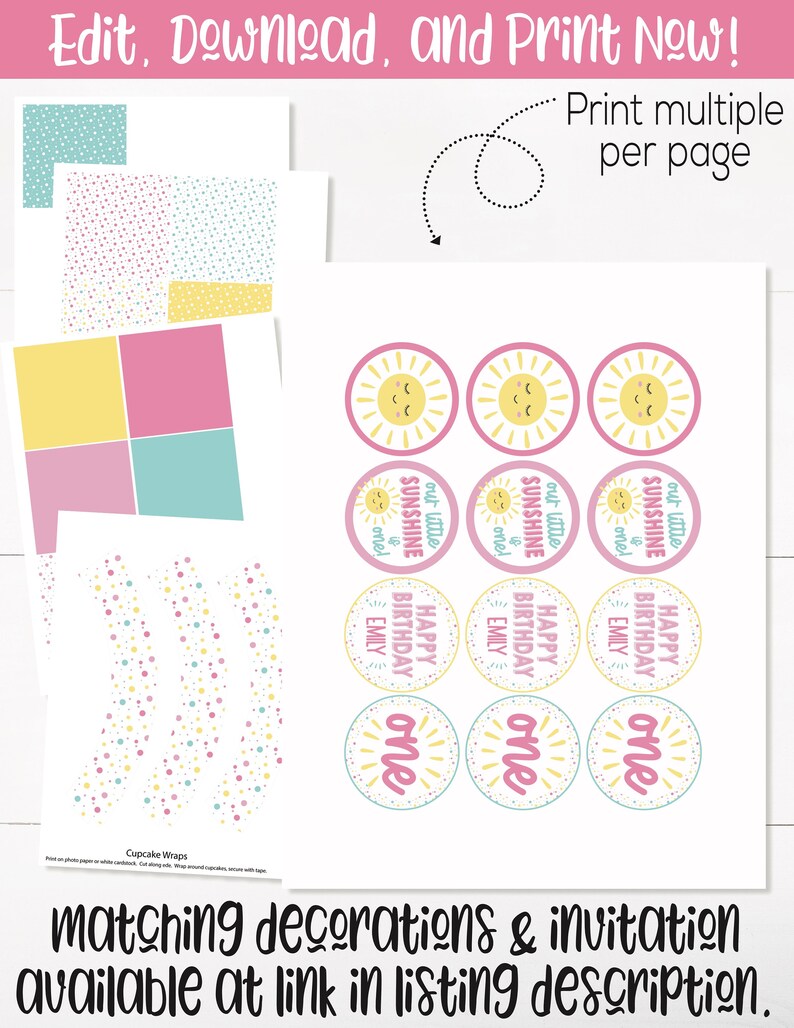 May include: Printable set of cupcake wrappers and toppers featuring a sun with a smiling face and the text "our little sunshine one!" in pink, yellow, and blue. The set also includes a printable sheet with a pink, yellow, and blue polka dot pattern.