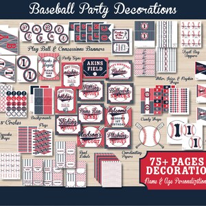May include: A printable set of baseball party decorations in red, white, and blue. The set includes banners, cupcake toppers, circles, flags, food labels, candy wrappers, and more. 75+ pages of decorations! Name and age personalisation included.