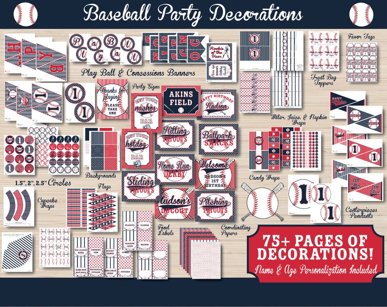 May include: A printable set of baseball party decorations in red, white, and blue. The set includes banners, cupcake toppers, circles, flags, food labels, candy wrappers, and more. 75+ pages of decorations! Name and age personalisation included.