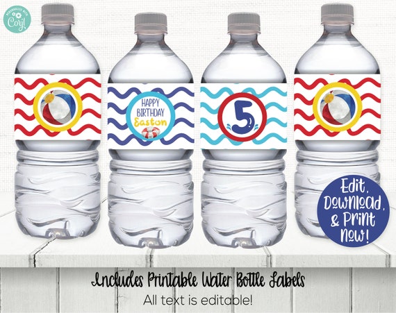 Pool Party Water Bottle Labels, Pool Party Drink Labels, Pool Birthday Party Decorations, Pool Water Wraps, Beach Ball, Summer Party Decor Il_570xn