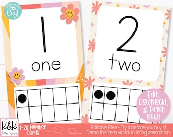 Retro Groovy Daisy Theme Classroom 1-20 Number Cards Printable, Teacher Supply for Math Centers, Printable Teacher Classroom Decorations