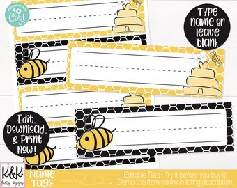 Bee Classroom Name Tags Printable, Bee Theme, Teacher Supply, Printable Classroom Teacher Decorations and Supplies, Bee Name Label Sign