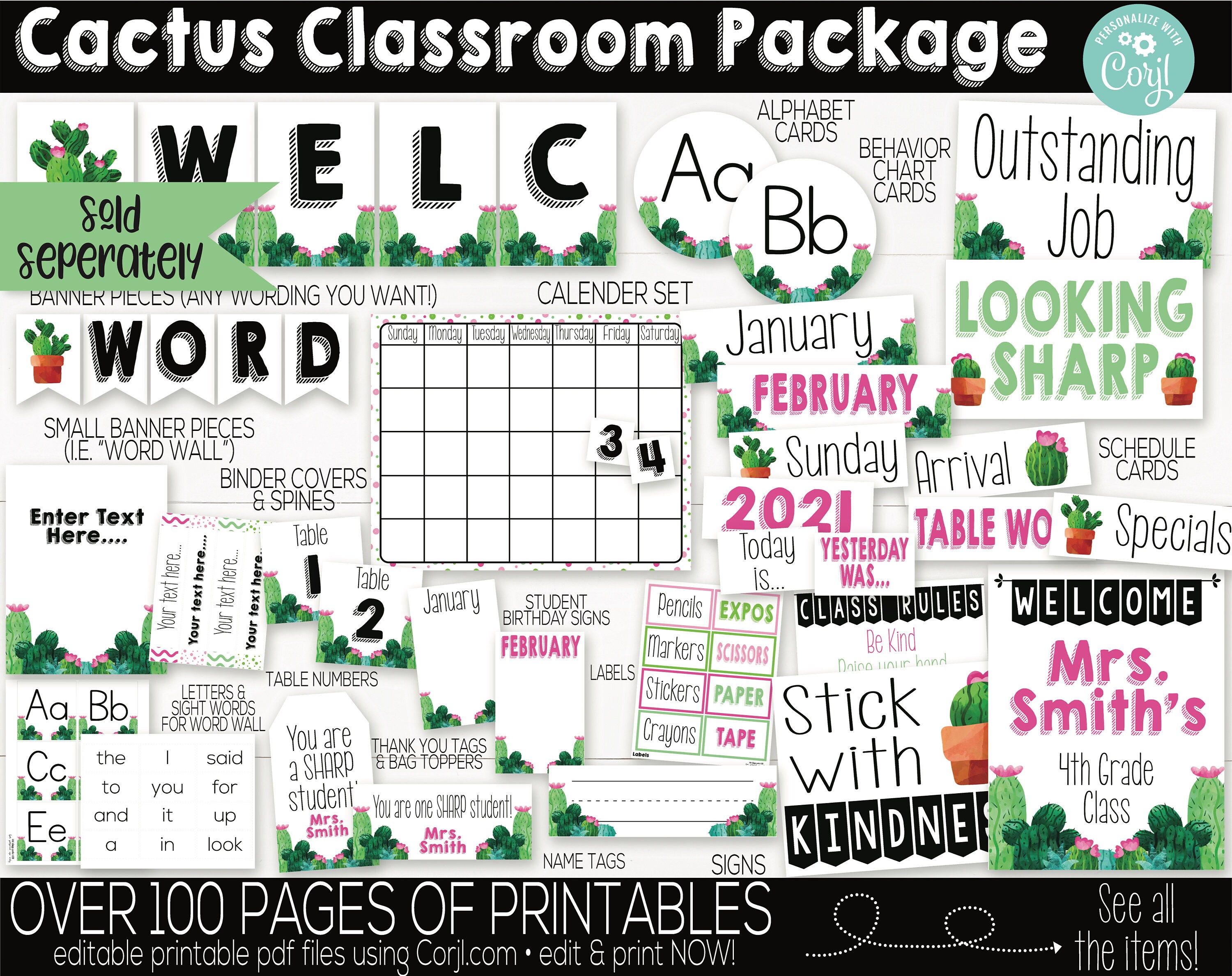 Cactus Classroom Calendar Set Printable Cactus Theme Teacher Etsy