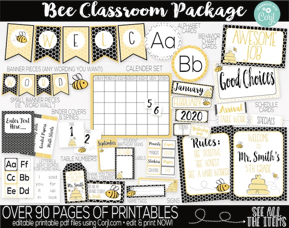 Bee Classroom Supplies and Decorations, Bee Theme, Teacher Supply, Printable Classroom Teacher Decorations and Supplies, Classroom Signs Il_570xn