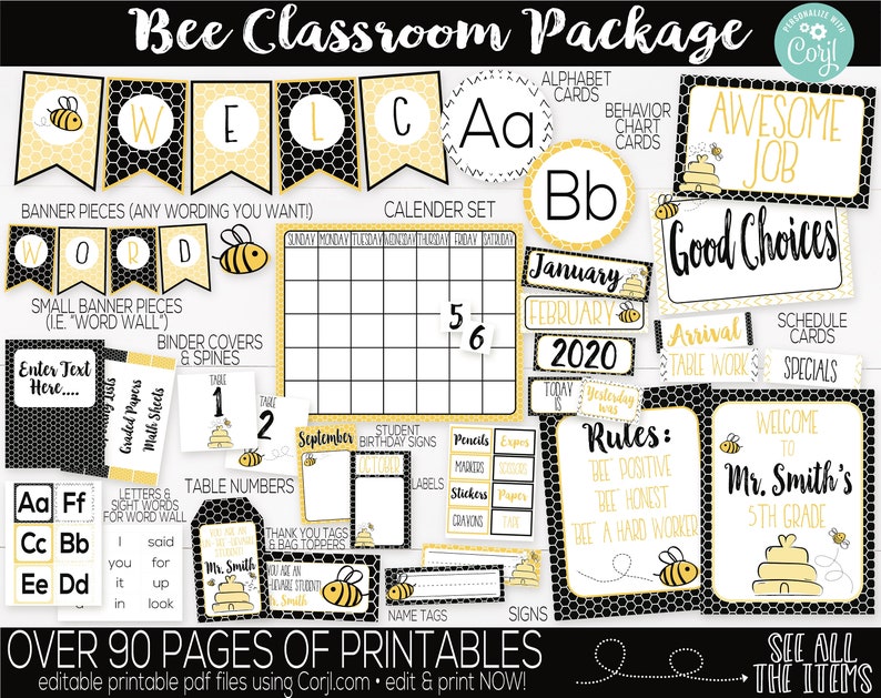 Bee Classroom Supplies and Decorations, Bee Theme, Teacher Supply, Printable Classroom Teacher Decorations and Supplies, Classroom Signs image 1