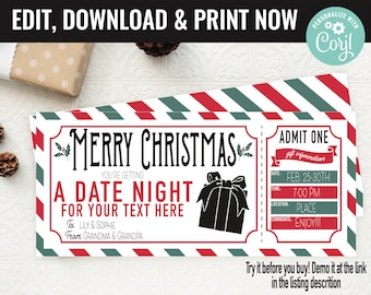 Christmas Surprise Date Night Out Gift Voucher, Date Night Out Gift Printable Template Gift Card, Editable Instant Download Gift Certificate