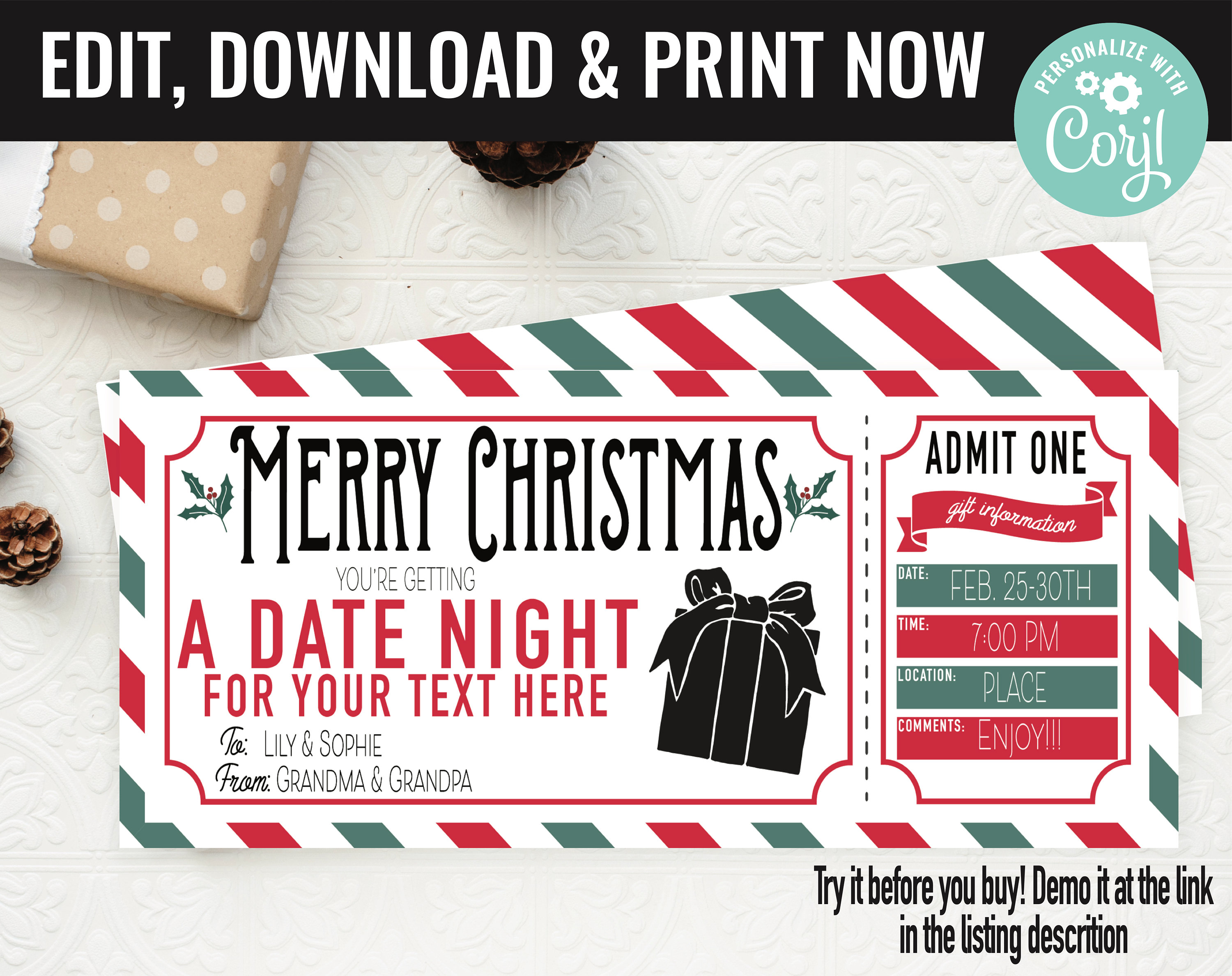 christmas surprise date night out gift voucher, date night out