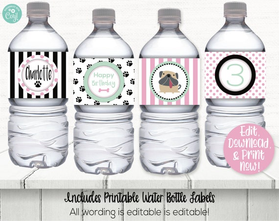Puppy Dog Water Bottle Labels, Puppy Dog Drink Labels, Puppy Dog Birthday Party Decorations, Puppy Printable, Editable, 1st Birthday, Il_570xn