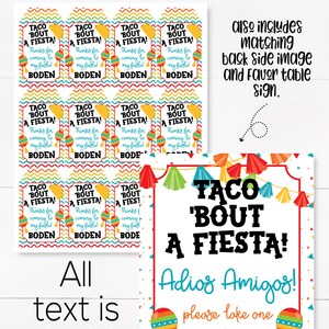 May include: Printable favor tags for a Taco Bout a Fiesta party. The tags are colorful and feature a maraca, a taco, and the text "Taco Bout a Fiesta!" with the words "Thanks for coming to my fiesta!" and "Boden" below. The tags are designed to be printed multiple per page as a PDF or PNG file, or as a single JPEG. The image also includes a matching back side image and favor table sign.