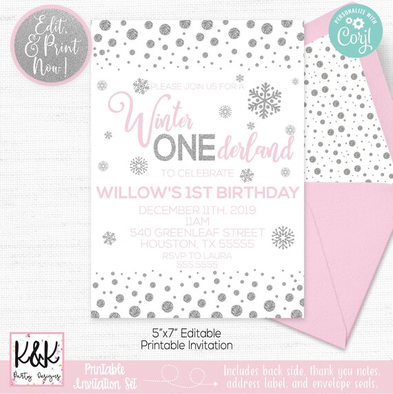Instant Download Winter Onederland Invitation Girl, Winter Birthday, Snowflake Birthday, Winter Wonderland, First Birthday Invitation Il_570xn